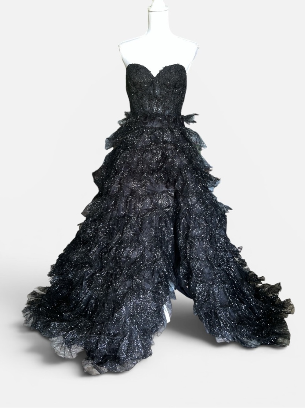 Sparkly Black Evening Dress SZ 8 Tiered Tulle Glitter Formal Statement Dramatic - Picture 4 of 9